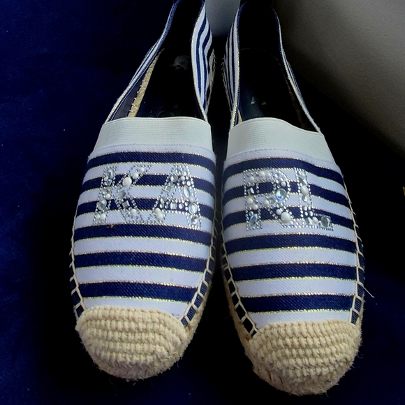 Karl Lagerfeld Shoes - Karl Lagerfeld Navy and White Striped Embellished Espadrilles